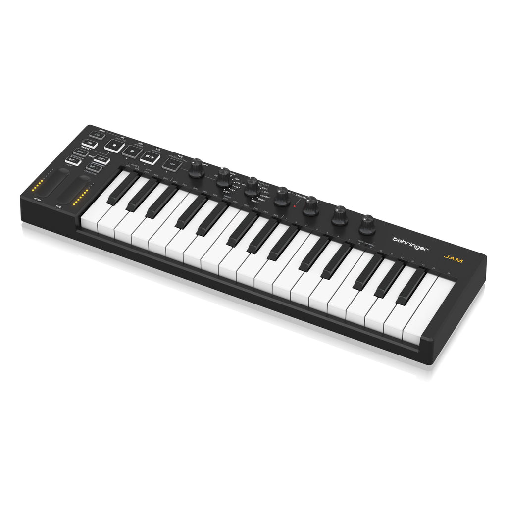 Behringer JAM MIDI controller keyboard with keys, knobs, and pads for music production and live performance.