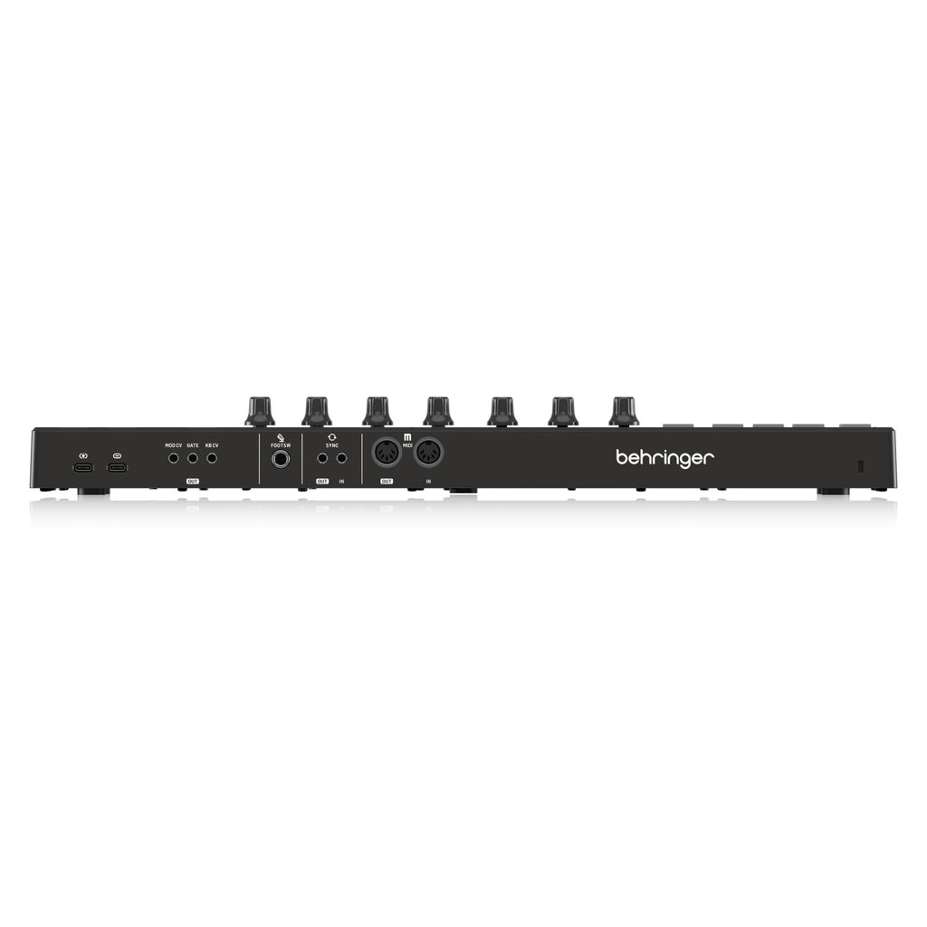 Behringer JAM MIDI controller keyboard with black keys, control knobs, and a compact design for music production and performance.