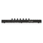 Behringer JAM MIDI controller keyboard with black keys, control knobs, and a compact design for music production and performance.
