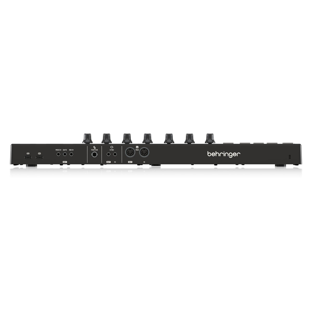 Behringer JAM MIDI controller keyboard with black keys, control knobs, and a compact design for music production and performance.