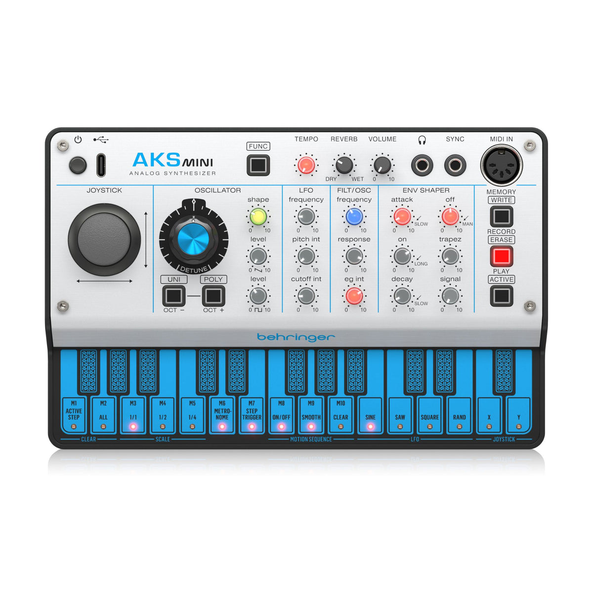 Behringer AKS Mini analog polyphonic synthesizer keyboard with control knobs and keys, compact electronic music instrument.