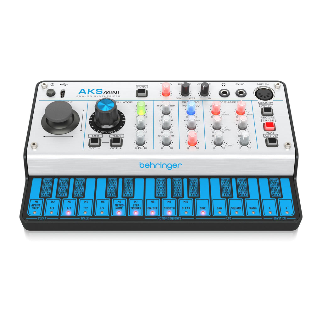 Behringer AKS Mini analog polyphonic synthesizer keyboard with knobs and keys, compact electronic music instrument.