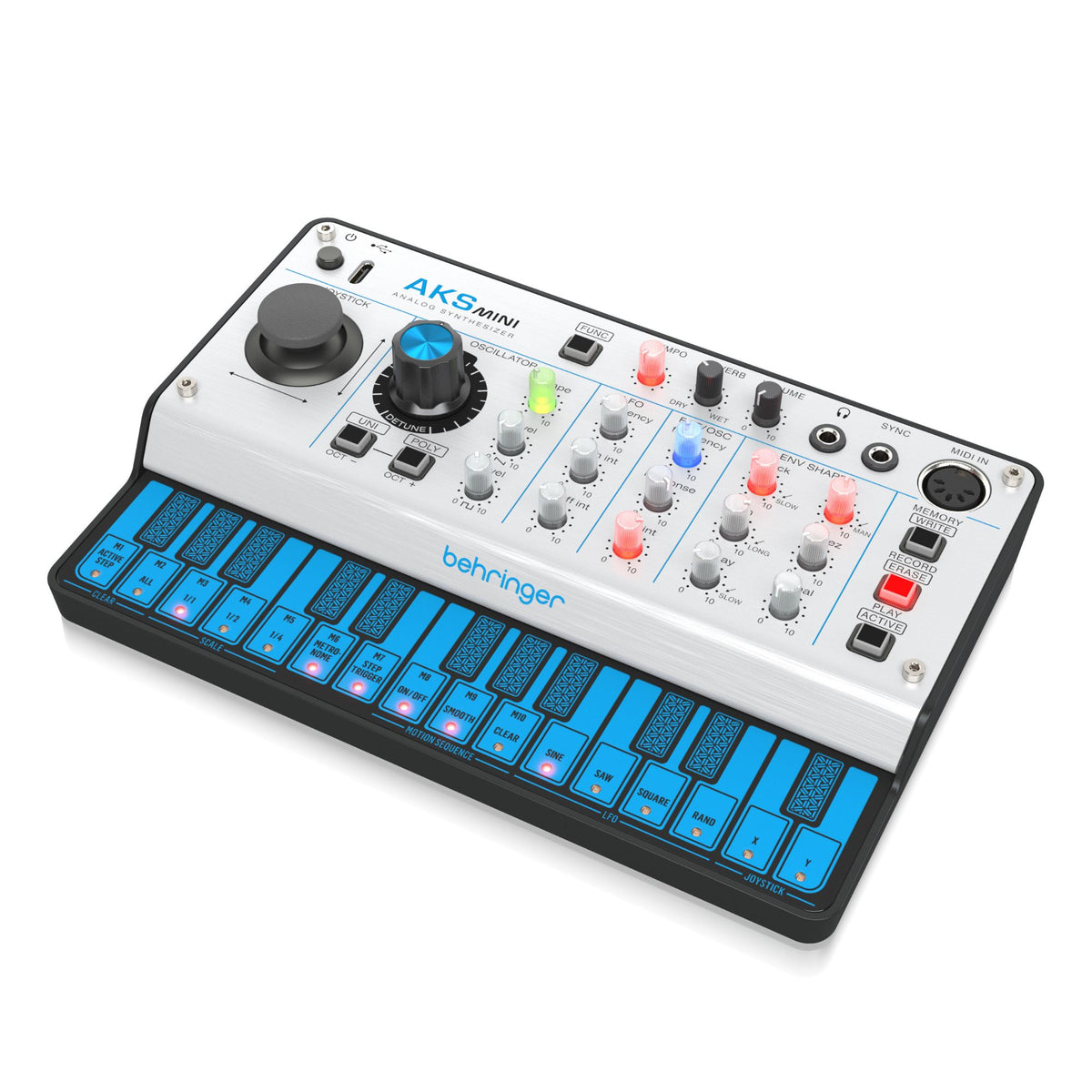 Behringer AKS Mini analog polyphonic synthesizer keyboard with multiple knobs and keys, showcasing its compact design and interface.