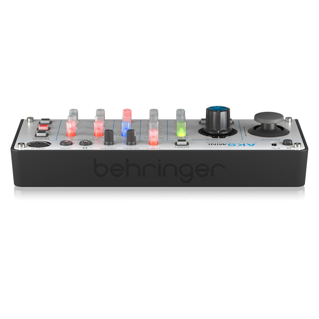 Behringer AKS Mini analog polyphonic synthesizer keyboard with control knobs and keys, compact and versatile musical instrument.