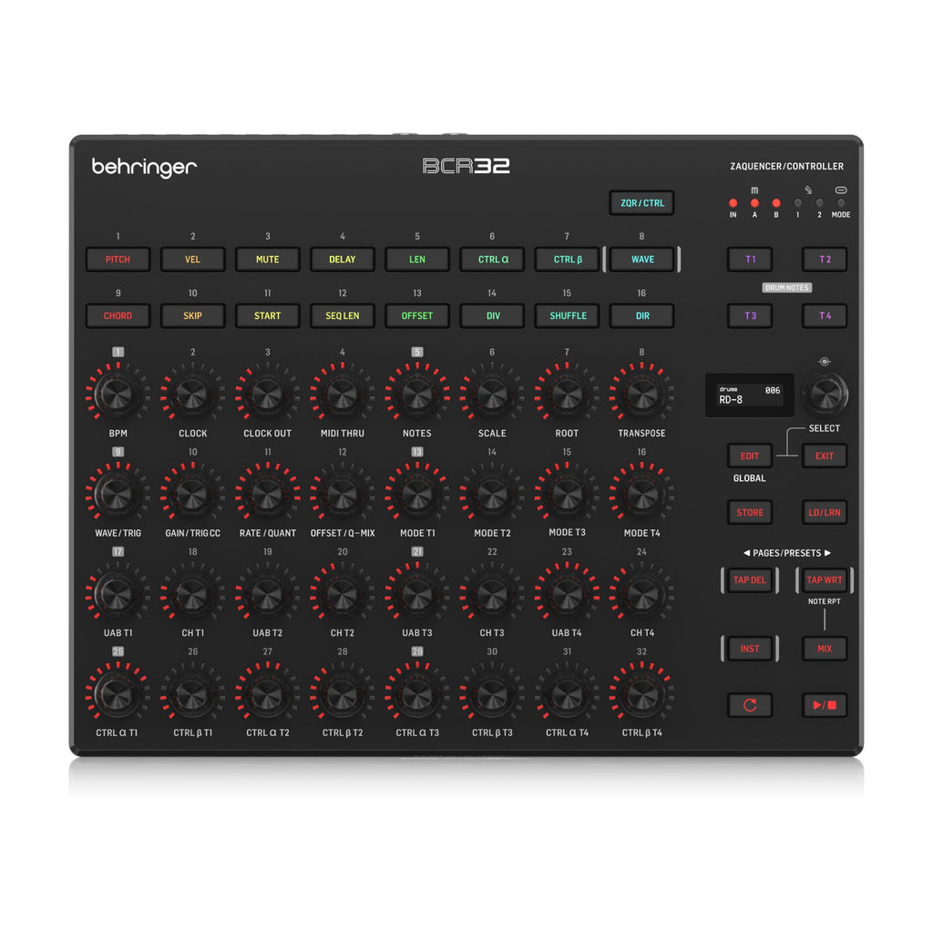 Behringer BCR32 MIDI controller with USB and MIDI connectivity, featuring rotary knobs and control surface for music production.