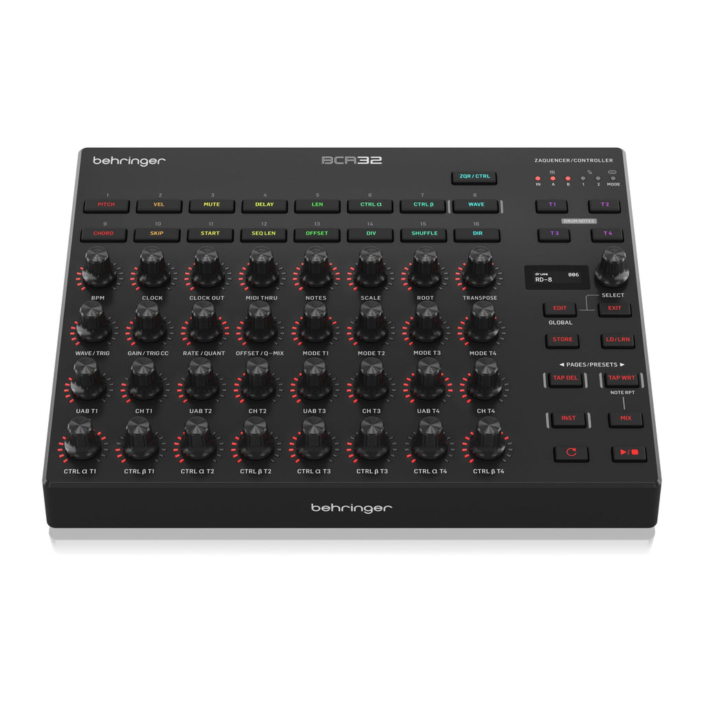 Behringer BCR32 MIDI controller with USB and MIDI ports, featuring rotary knobs and buttons for music production control.