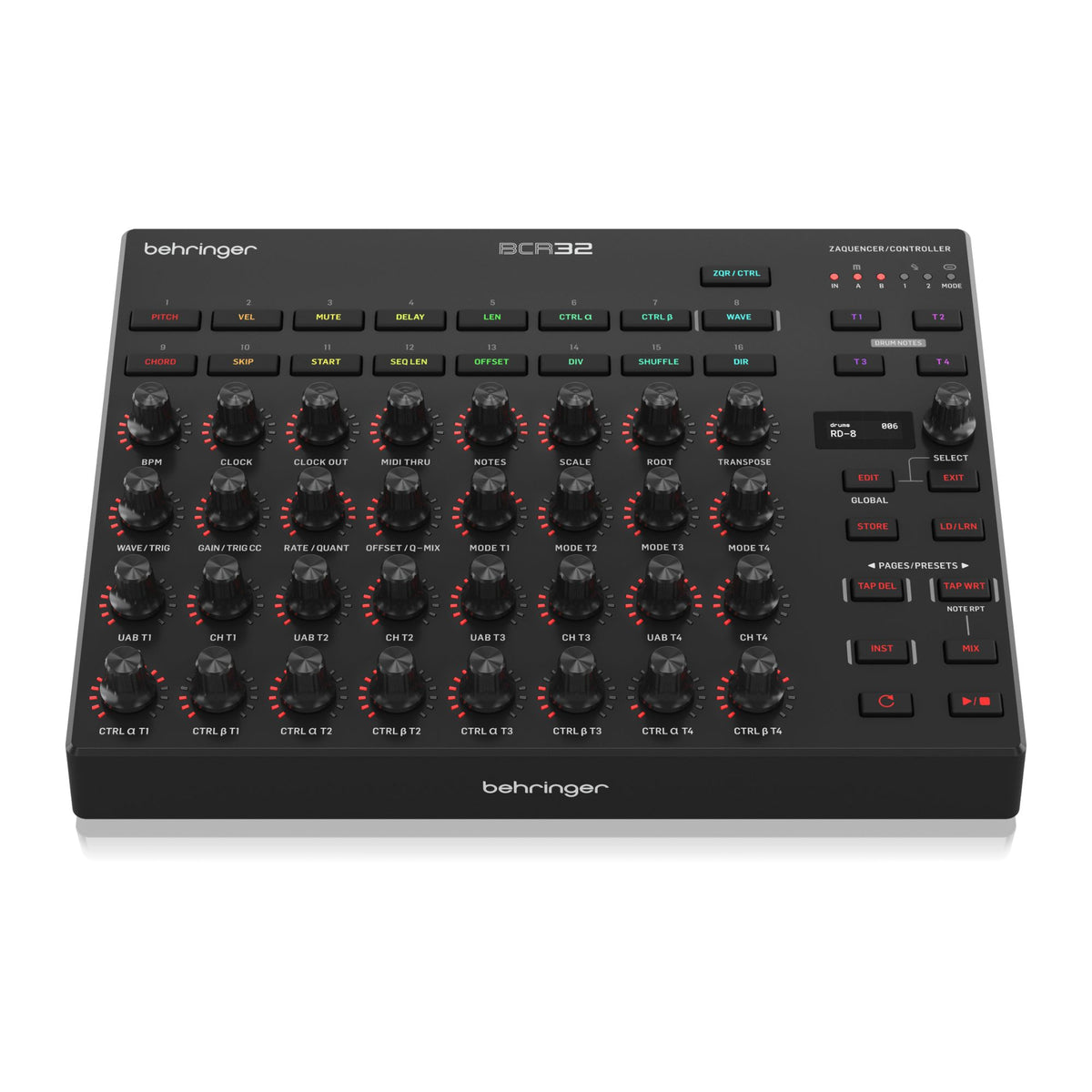 Behringer BCR32 MIDI controller with USB and MIDI ports, featuring rotary knobs and buttons for music production control.