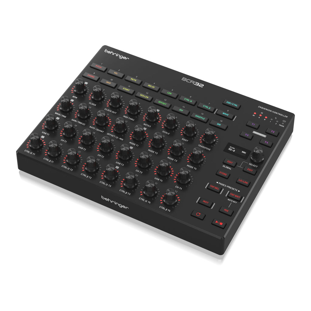 Behringer BCR32 MIDI controller with USB and MIDI ports, featuring rotary knobs and sliders for music production control.