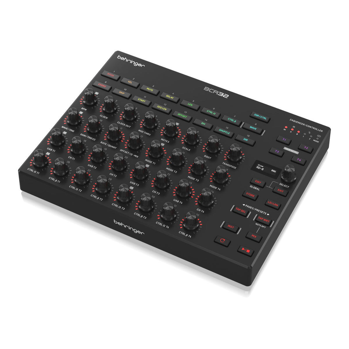 Behringer BCR32 MIDI controller with USB and MIDI ports, featuring rotary knobs and sliders for music production control.