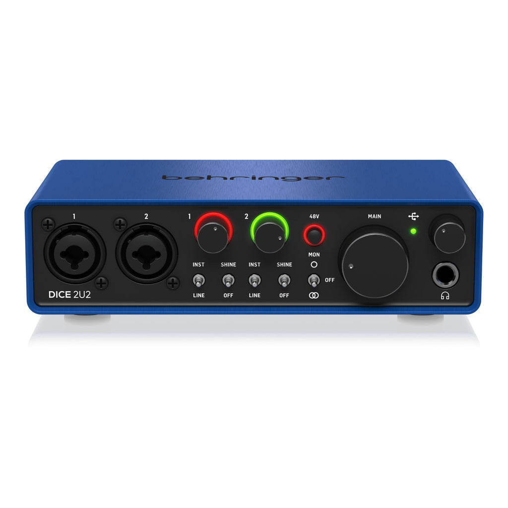 Behringer DICE 2U2 USB audio interface with dual microphone inputs and 192kHz recording capabilities, shown on a white background.