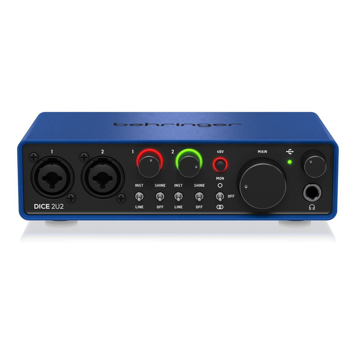 Behringer DICE 2U2 USB audio interface with dual microphone inputs and 192kHz recording capabilities, shown on a white background.
