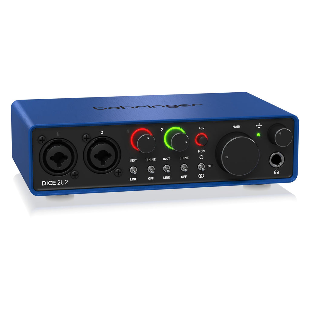 Behringer DICE 2U2 USB audio interface with two microphone inputs and 192kHz recording capability.