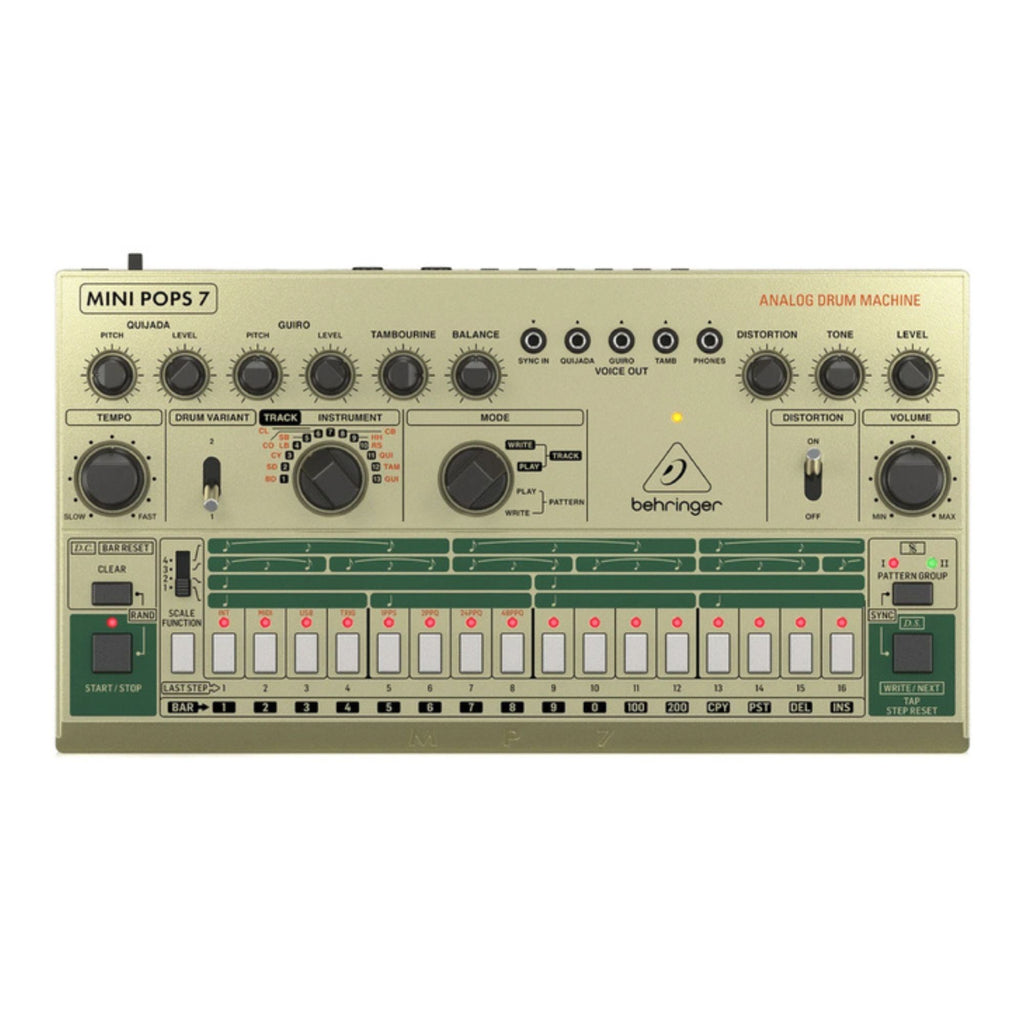 Behringer Mini Pops 7 analog drum machine with colorful control knobs and buttons, compact electronic drum synthesizer.