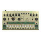 Behringer Mini Pops 7 analog drum machine with colorful control knobs and buttons, compact electronic drum synthesizer.