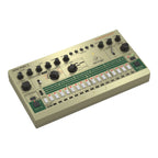 Behringer Mini Pops 7 analog drum machine with colorful knobs and buttons, compact electronic drum synth for music production.