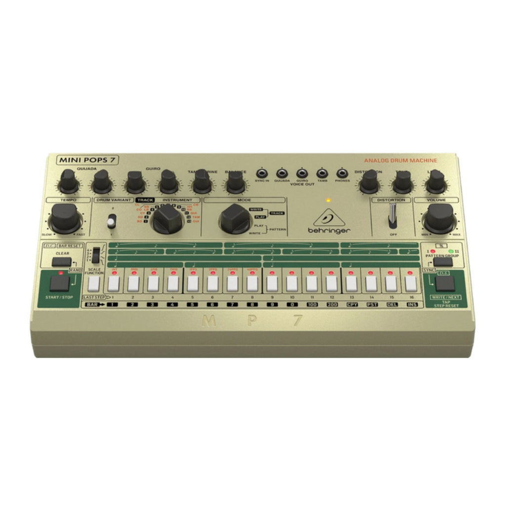Behringer Mini Pops 7 analog drum machine with colorful pads and control knobs, compact music production device.