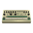 Behringer Mini Pops 7 analog drum machine with colorful pads and control knobs, compact music production device.
