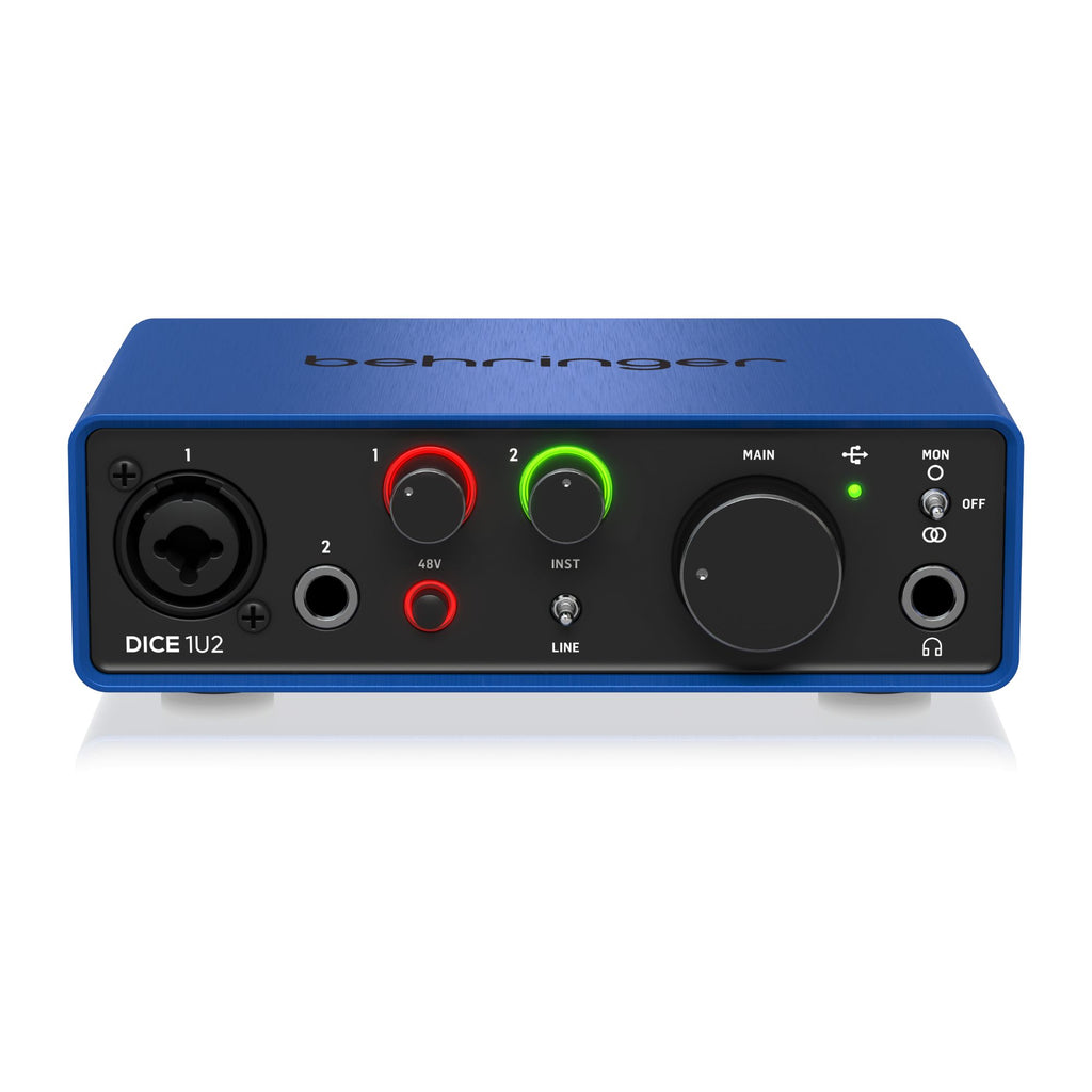 Behringer DICE 1U2 192kHz 1-Mic USB audio interface with input and output ports, compact design, and professional audio features.