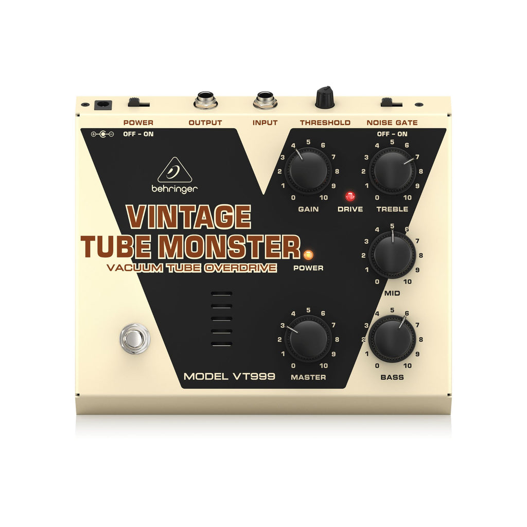 Behringer VT999 Vintage Tube Monster overdrive guitar effects pedal with metal casing and control knobs for tone shaping.