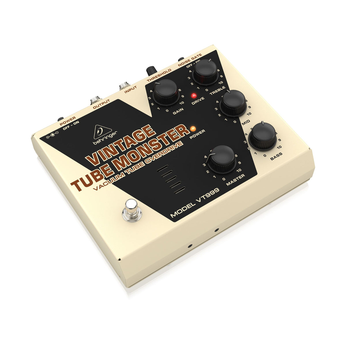 Behringer VT999 Vintage Tube Monster overdrive effects pedal with metal casing and control knobs for guitar distortion.