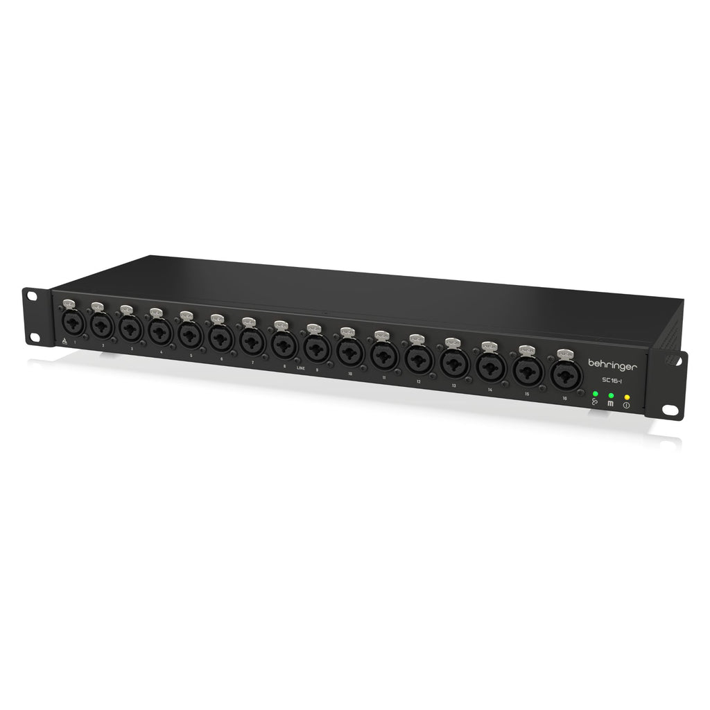 Behringer SC16-I StageConnect 16-input live outboard interface with multiple input ports and control knobs.