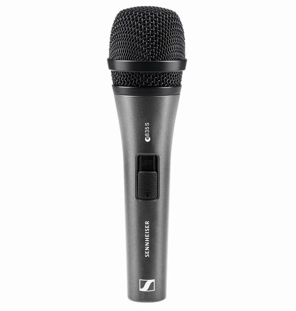 Sennheiser e 835-S wired dynamic cardioid microphone for live performances with a sleek black design