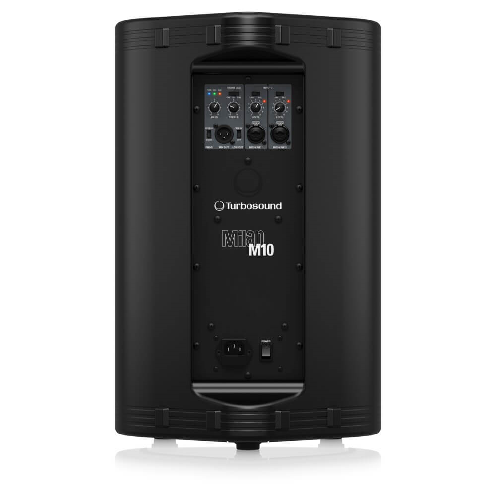 Turbosound Milan M10 600W 10-inch active powered PA speaker with control panel and speaker grille.