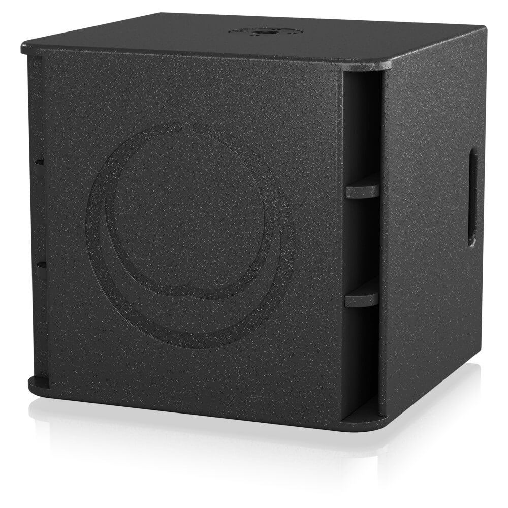 Turbosound Milan M15B 15-inch powered subwoofer with control panel and speaker grille, designed for professional sound systems.