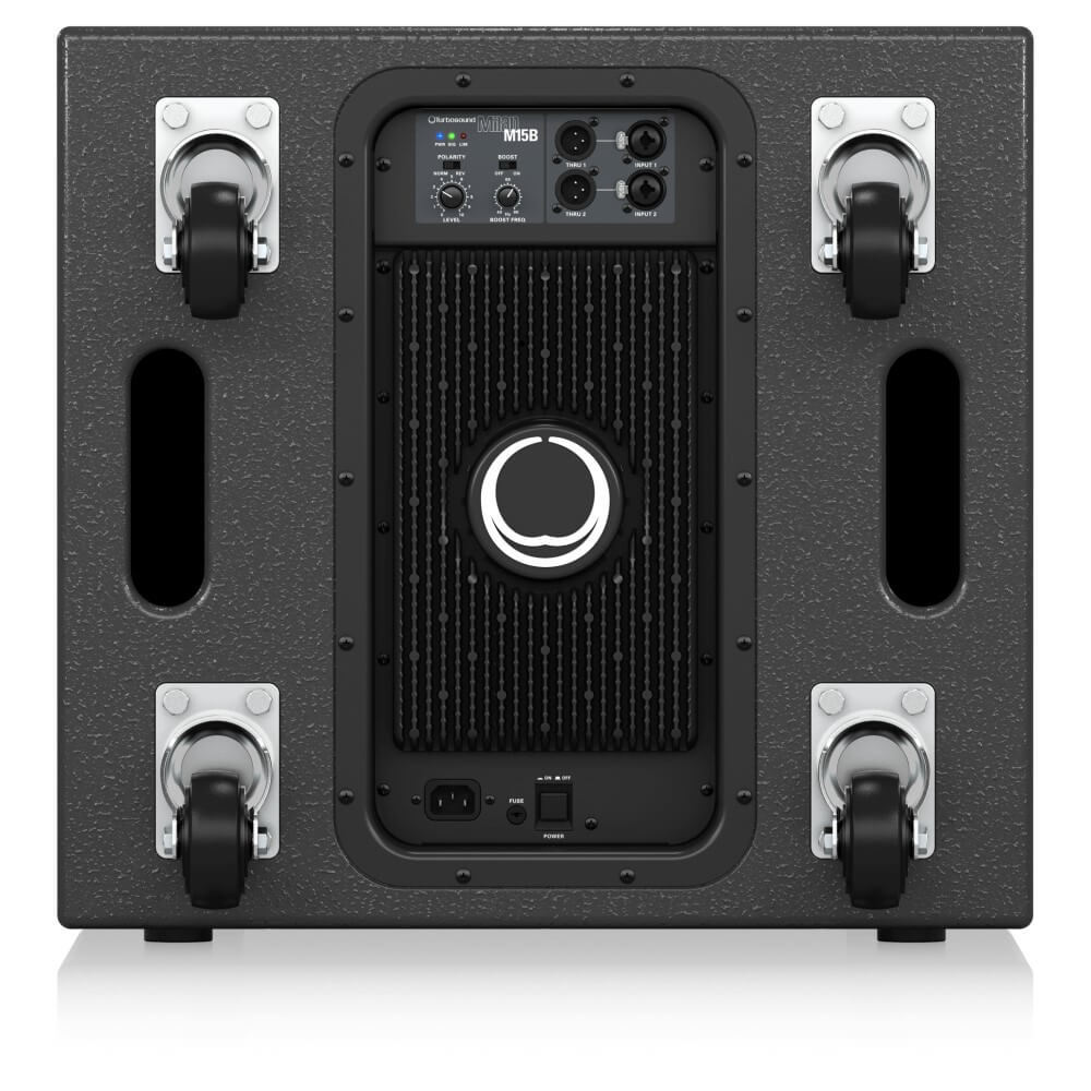 Turbosound Milan M15B 15-inch powered subwoofer with speaker grille and control panel, designed for professional audio setups.