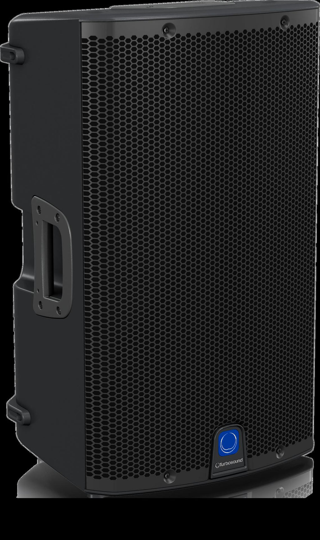 Turbosound iQ12 12-inch powered PA speaker showing front grille and control panel with input connections and branding.