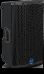 Turbosound iQ12 12-inch powered PA speaker showing front grille and control panel with input connections and branding.