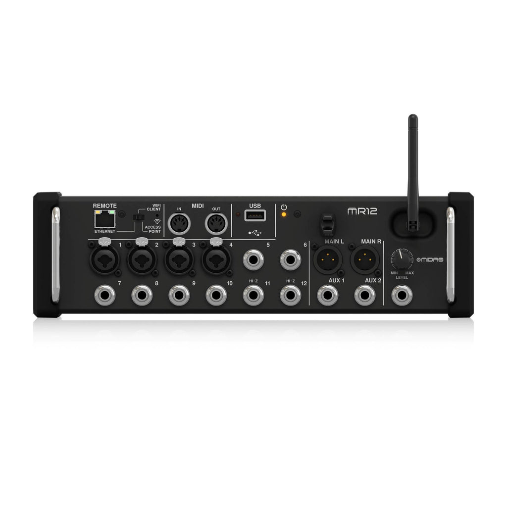 Midas MR12 12-input digital rack mixer with faders and control knobs, designed for iPad and Android tablets.