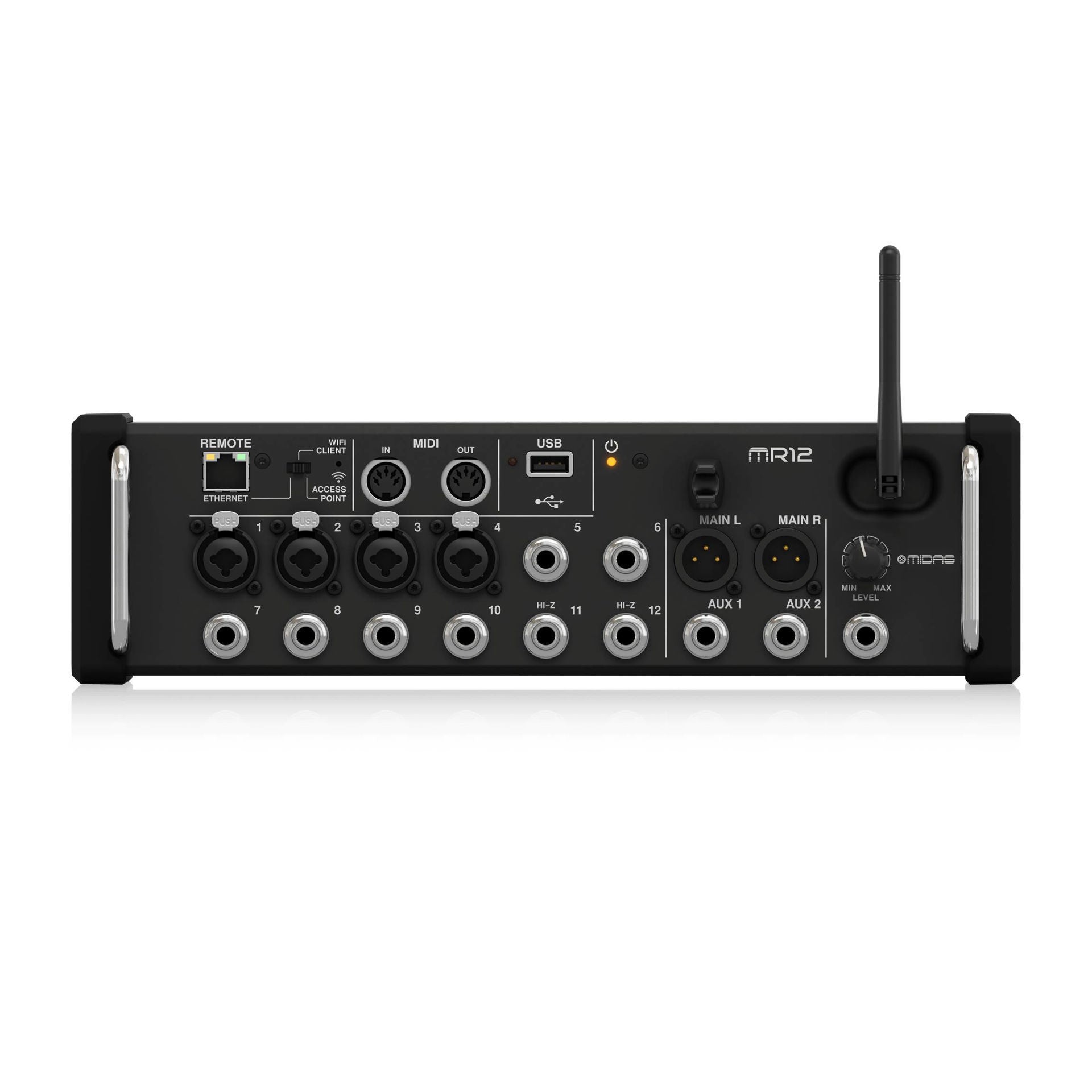 Midas MR12 12-input digital rack mixer with faders and control knobs, designed for iPad and Android tablets.