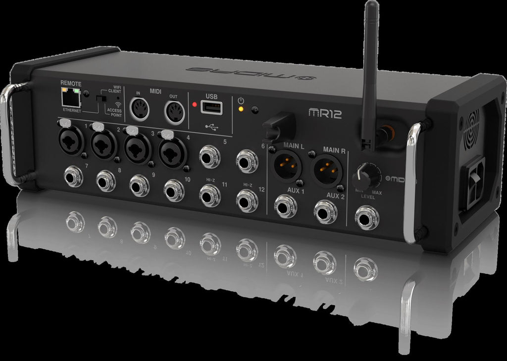 Midas MR12 12-input digital rack mixer with iPad and Android tablet control, featuring multiple input channels and control knobs.