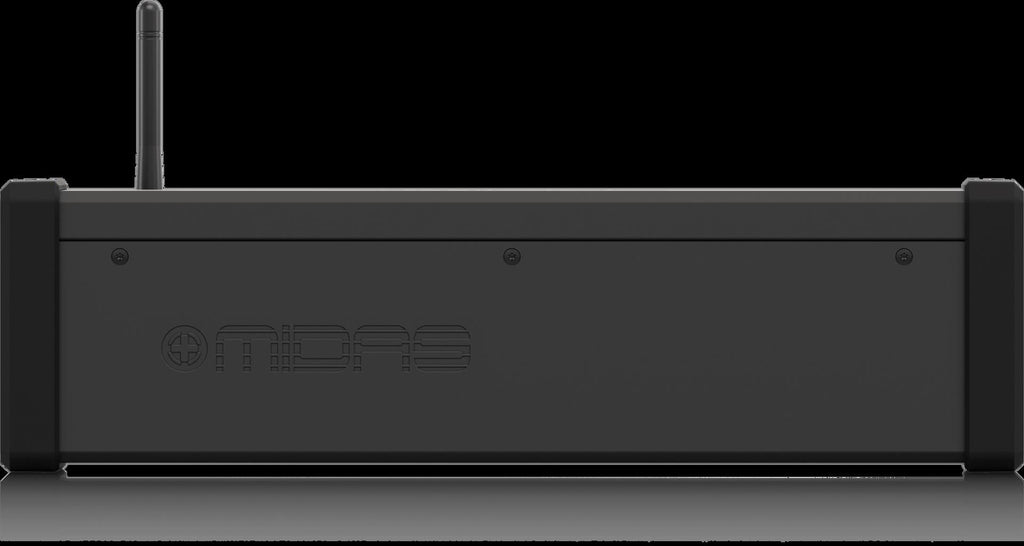 Midas MR12 12-input digital rack mixer with touchscreen interface, connected to iPad or Android tablet for live audio control.