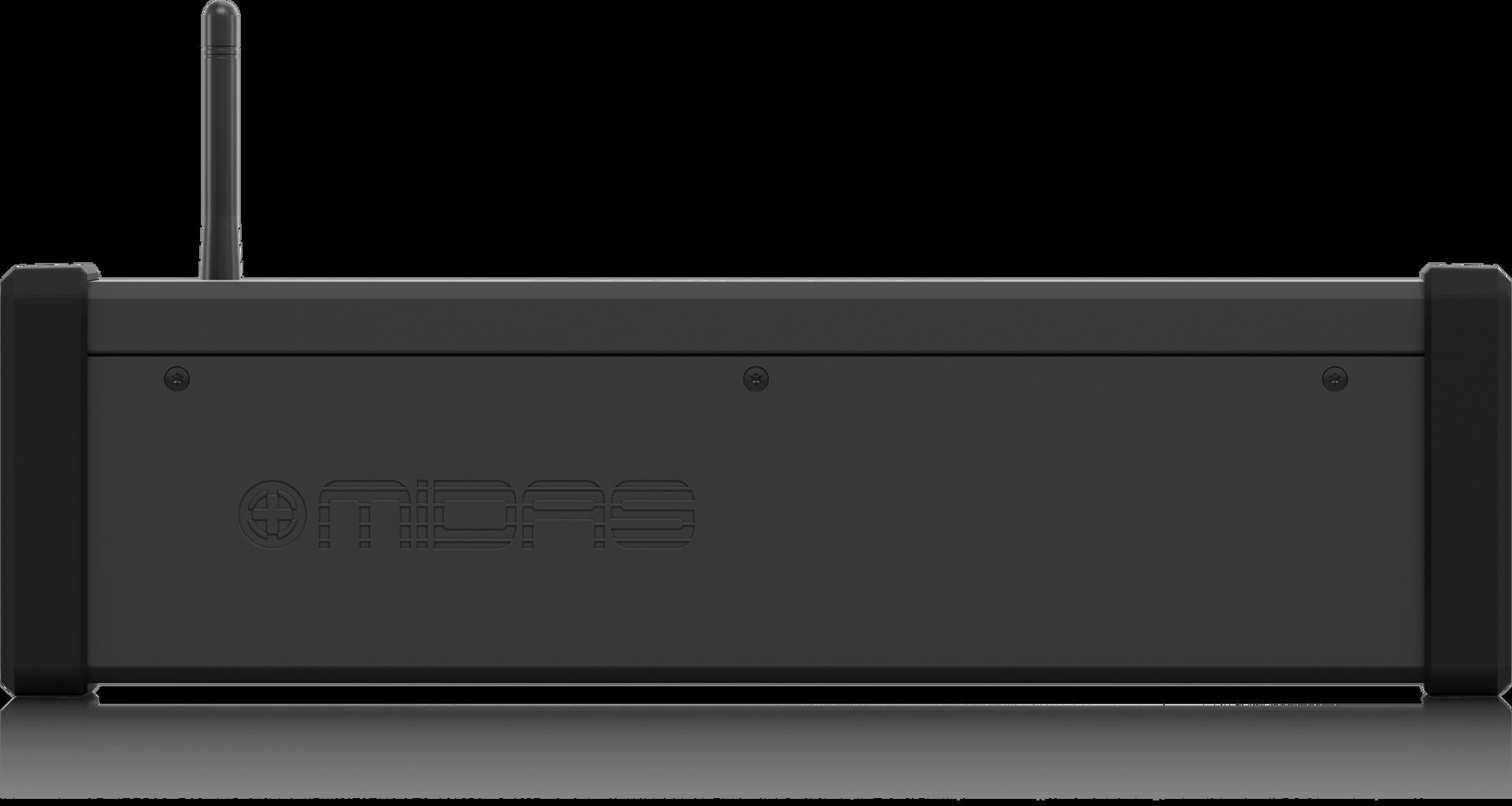 Midas MR12 12-input digital rack mixer with touchscreen interface, connected to iPad or Android tablet for live audio control.