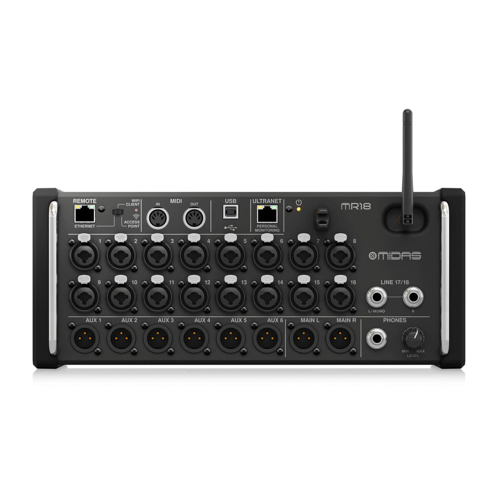 Midas MR18 digital rack mixer with 18 inputs, touchscreen interface, and controls for iPad and Android tablets.