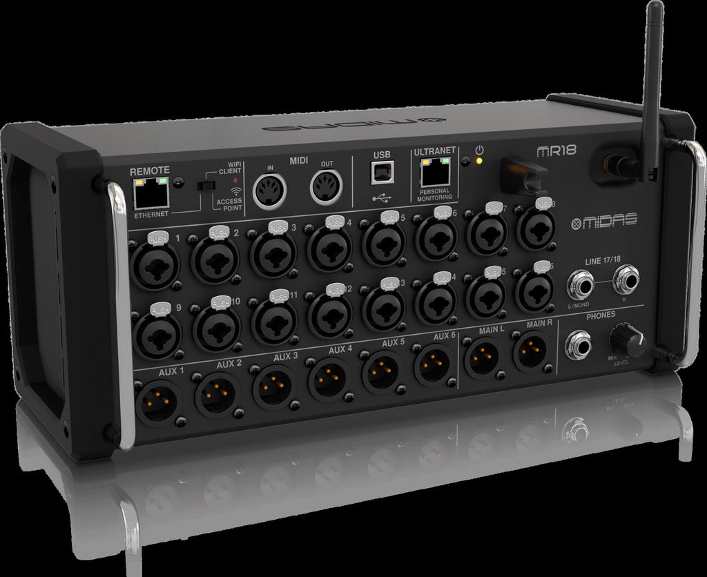 Midas MR18 digital rack mixer with 18 input channels, touchscreen control, and connectivity for iPad and Android tablets.