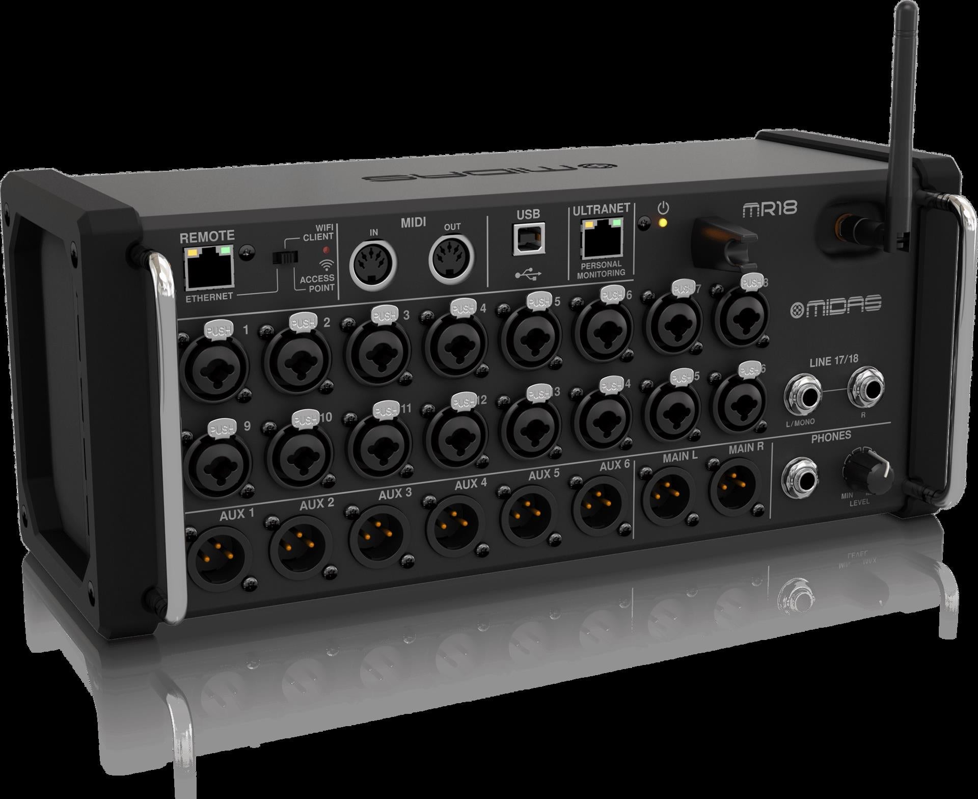 Midas MR18 digital rack mixer with 18 input channels, touchscreen control, and connectivity for iPad and Android tablets.