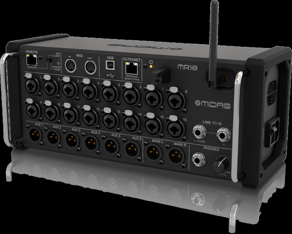 Midas MR18 digital rack mixer with 18 input channels, touchscreen display, and controls for iPad and Android tablets.