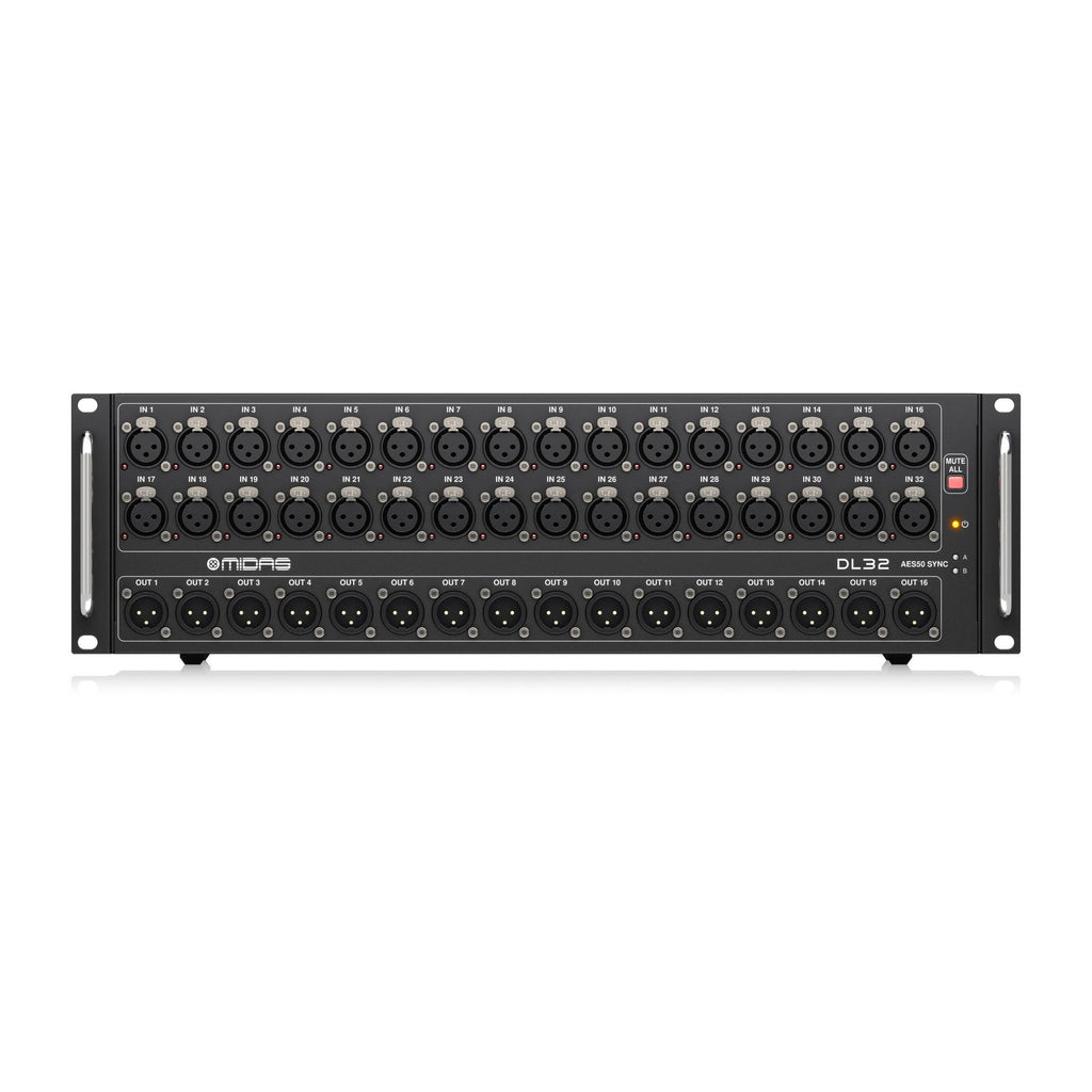 Midas DL32 digital stage box with 32 inputs and 16 outputs for professional audio mixing and live sound setups.