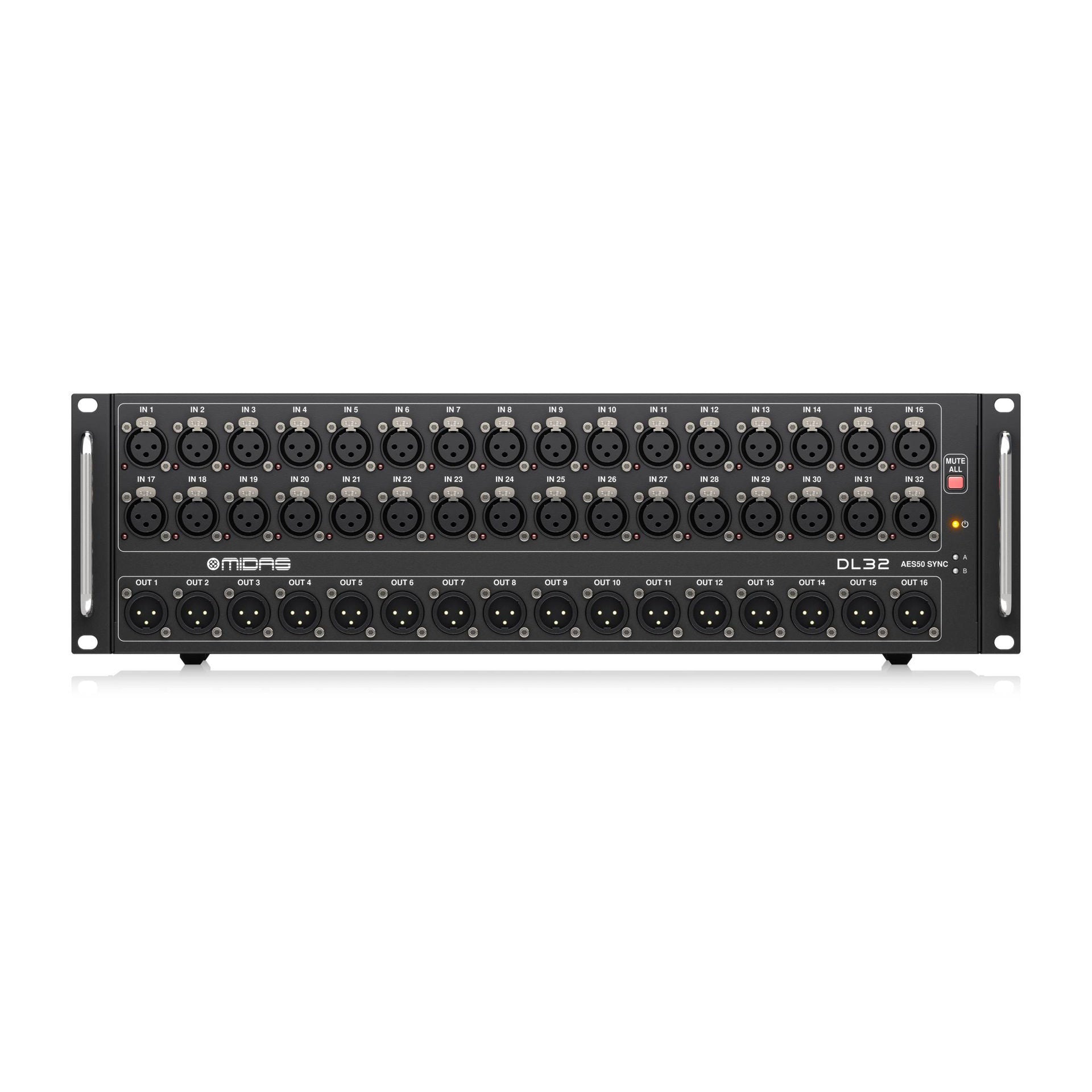 Midas DL32 digital stage box with 32 inputs and 16 outputs for professional audio mixing and live sound setups.