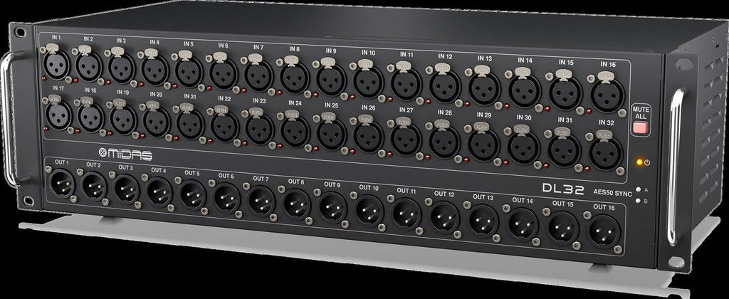 Midas DL32 digital stage box with 32 input and 16 output channels for professional audio mixing and sound reinforcement.