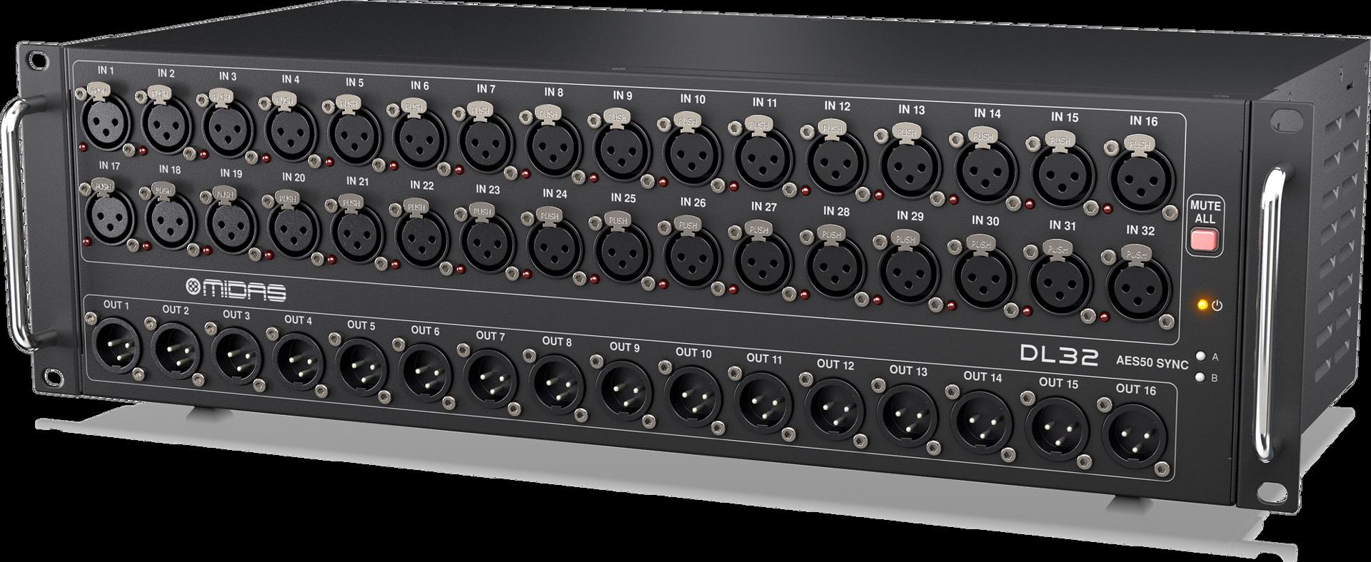Midas DL32 digital stage box with 32 input and 16 output channels for professional audio mixing and sound reinforcement.