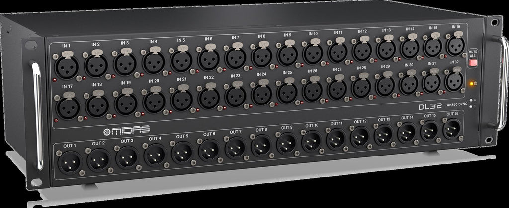 Midas DL32 digital stage box with 32 inputs and 16 outputs for professional sound mixing and live audio setups.