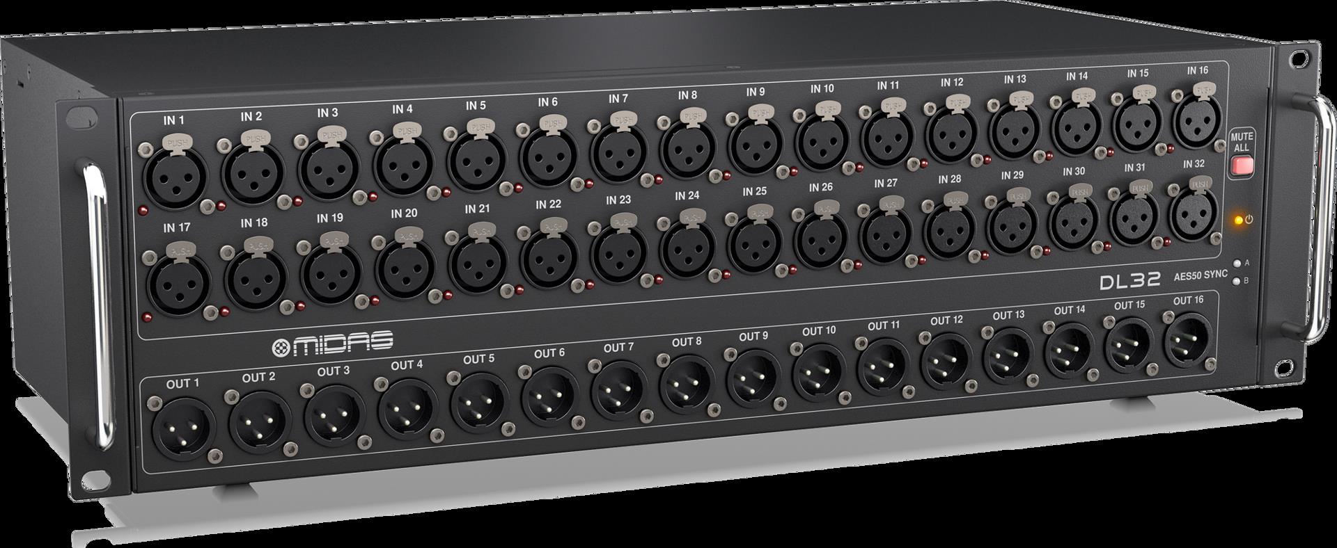 Midas DL32 digital stage box with 32 inputs and 16 outputs for professional sound mixing and live audio setups.