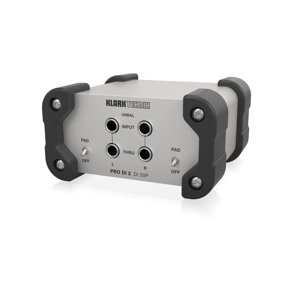 Klark Teknik DI20P passive stereo DI box for live outboard audio, featuring rugged construction and balanced output connections.