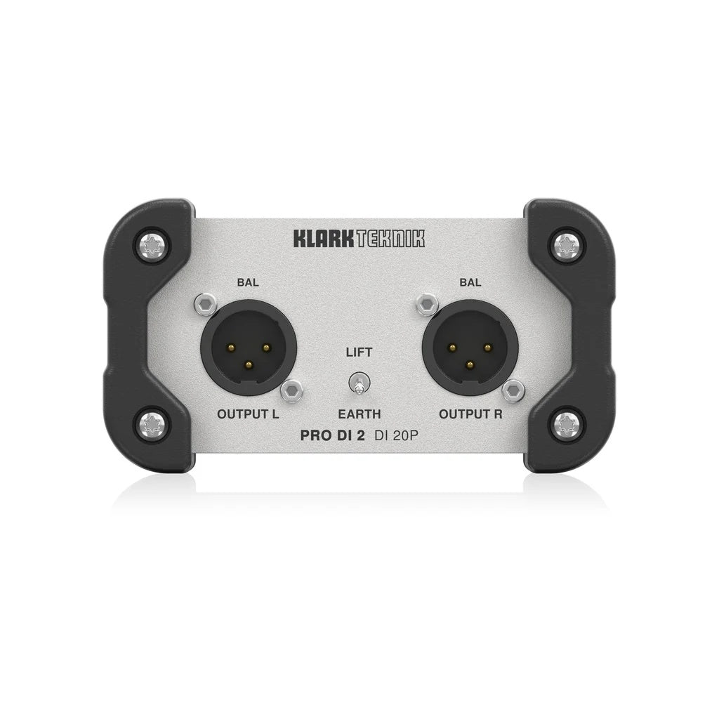 Klark Teknik DI20P passive stereo DI box for live outboard audio equipment, featuring metal build and input/output jacks.