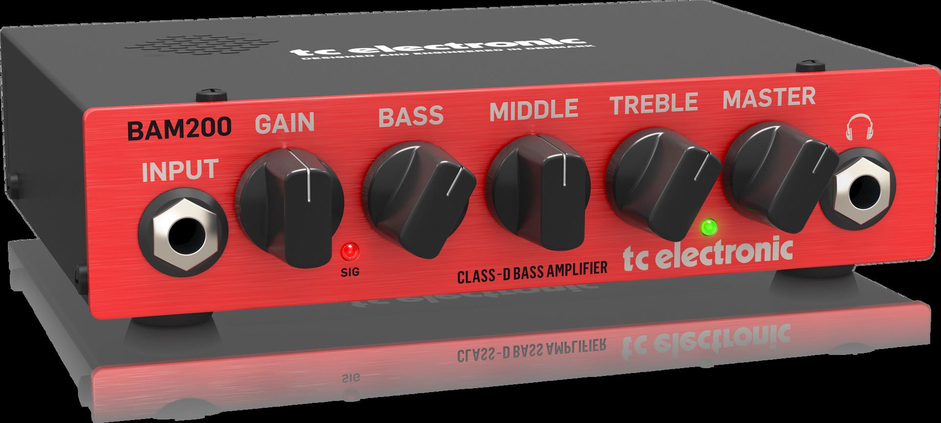 TC Electronic BAM200 ultra-compact 200-watt bass head amplifier with control knobs and input jack, designed for bass guitar.