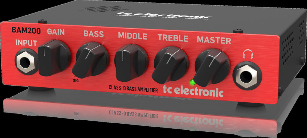 TC Electronic BAM200 bass amplifier head, compact 200-watt bass amp with control knobs and input jack, ideal for bass guitar setups.